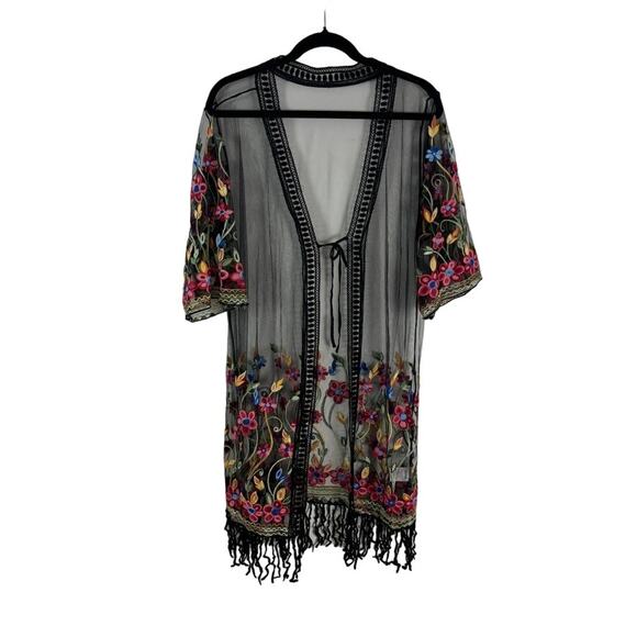 Asha Other - Asha Embroidered Kimono Coverup – Sheer Tassel Long Swim Duster OS